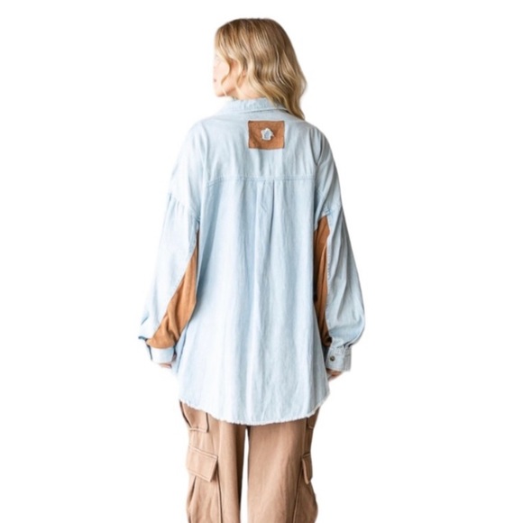110. Oversized Blue Denim Chambray Button Down Top with Micro Suede Patch Detail - Picture 4 of 9